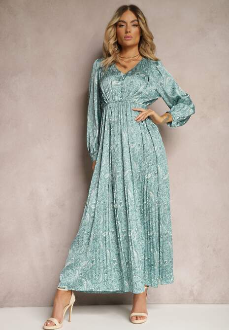 Zielona Rozkloszowana Sukienka z Plisowanym Dołem Wykończona Guzikami Xilalara