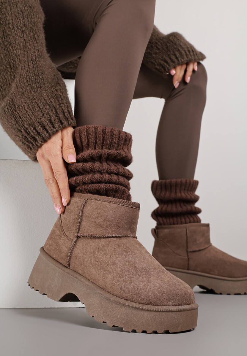 Brązowe Śniegowce z Imitacji Zamszu o Wsuwanym Fasonie na Platformie Reilessa