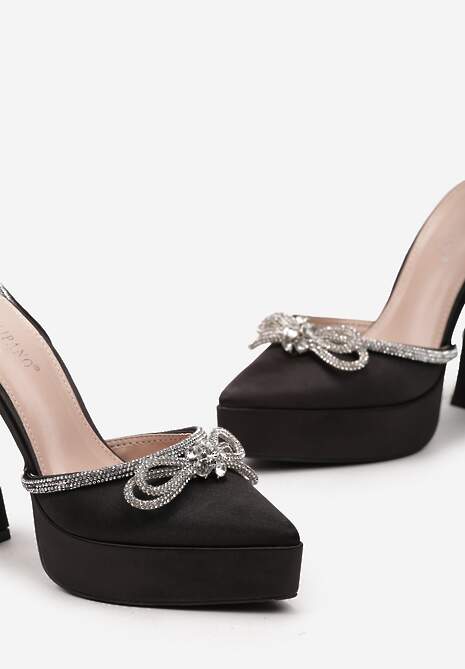 Czarne Sandały z Ozdobną Kokardą i Cyrkoniami na Platformie i Klepsydrowym Obcasie Wernia
