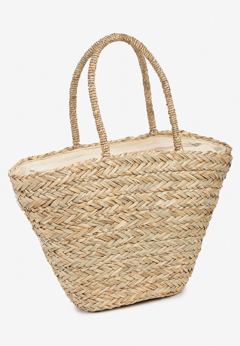 Biało-Beżowa Torebka Shopperka na Suwak Wykończona Cekinami Frędzlami i Taśmą z Koronki Laxbia