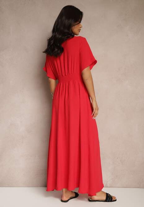 Czerwona Sukienka o Rozkloszowanym Kroju z Gumką w Talii Iffine