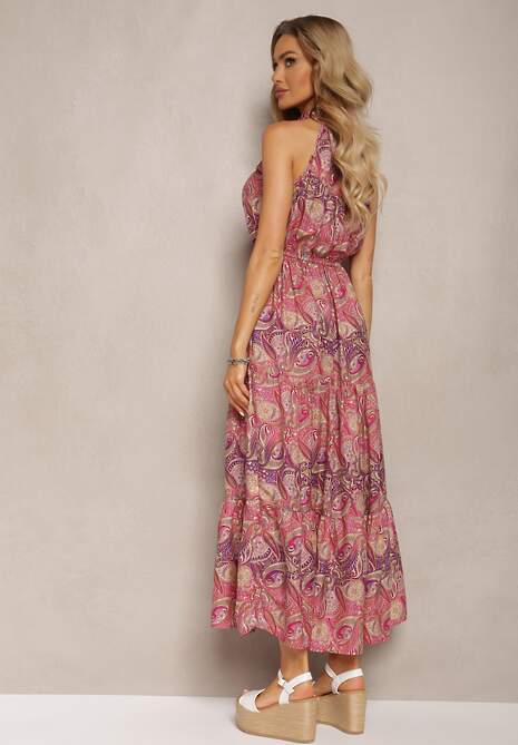 Fioletowo-Różowa Sukienka w Stylu Boho Bez Rękawów z Gumką w Pasie i Wiązaniem przy Dekolcie Yisa