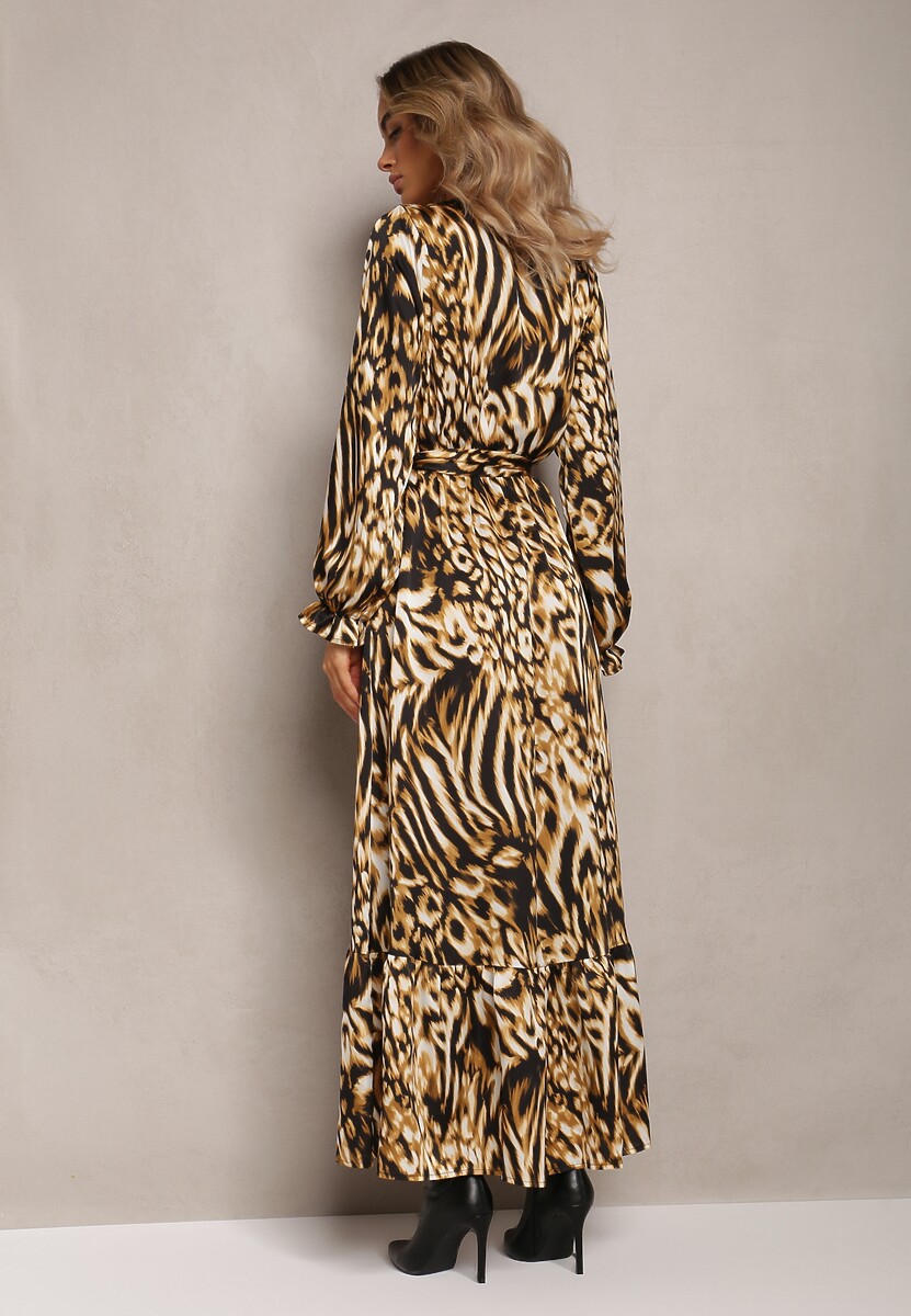 Brązowa Rozkloszowana Sukienka z Gumką w Talii i Kopertowym Dekoltem Janiis