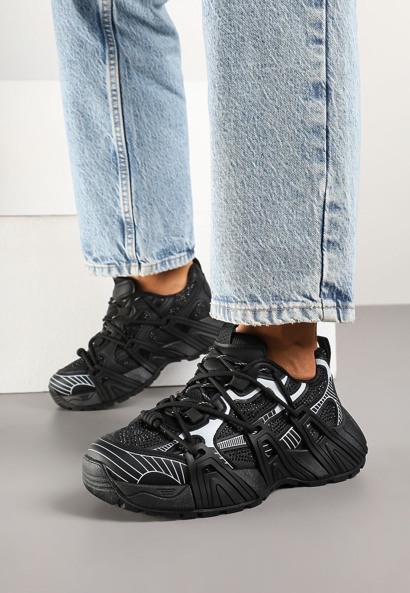 Czarne Sneakersy na Platformie z Geometrycznym Wzorem Eledisa