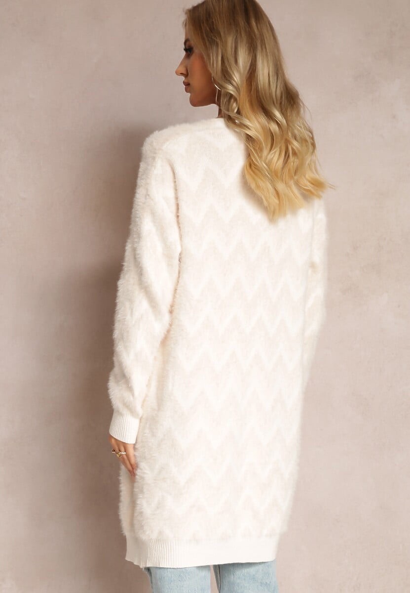 Jasnobeżowy Niezapinany Kardigan o Przedłużonym Fasonie w Zygzaki Chevron Oherna