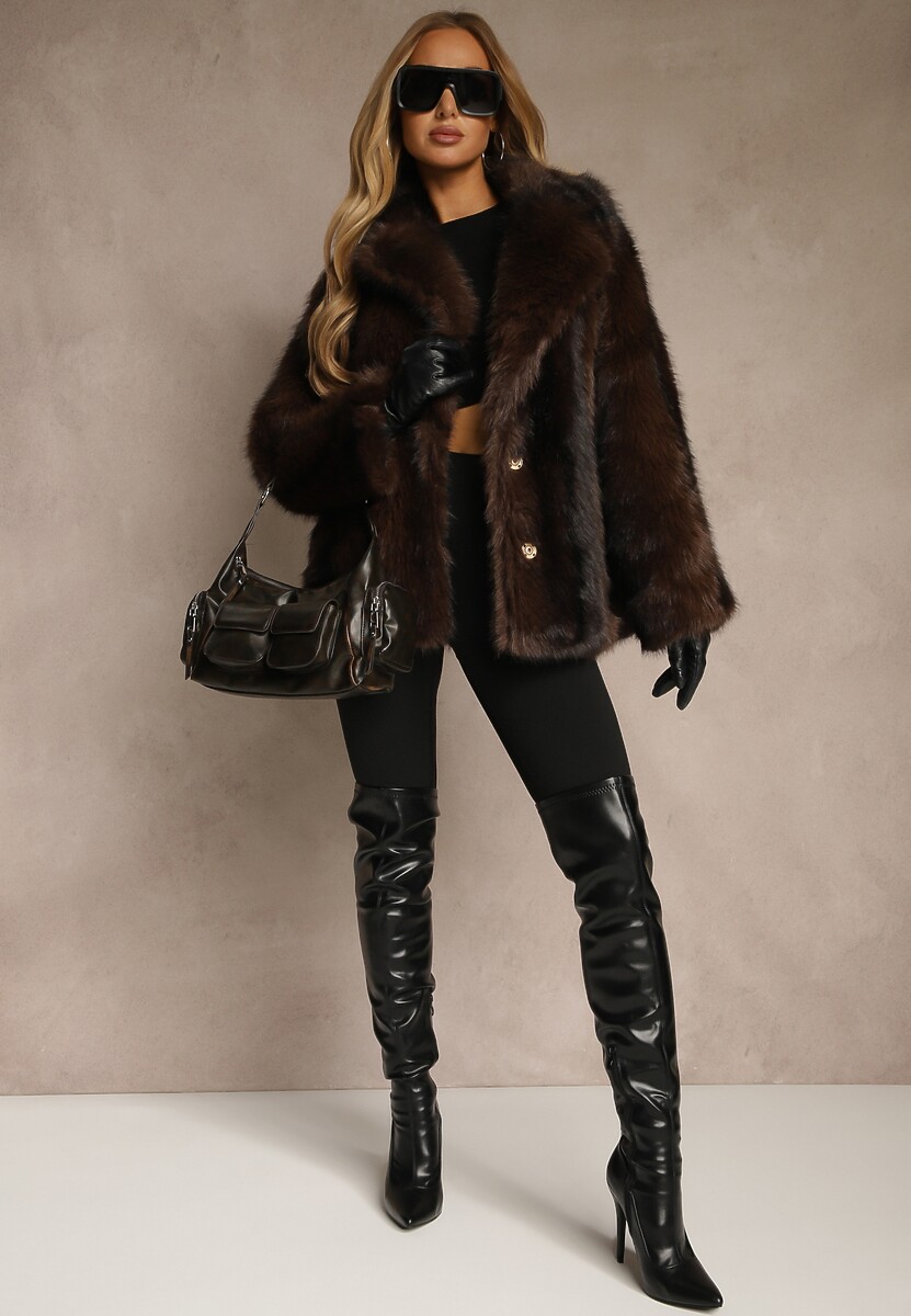 Brązowa Jednorzędowa Kurtka Futerko z Szerokim Kołnierzem Tesandra