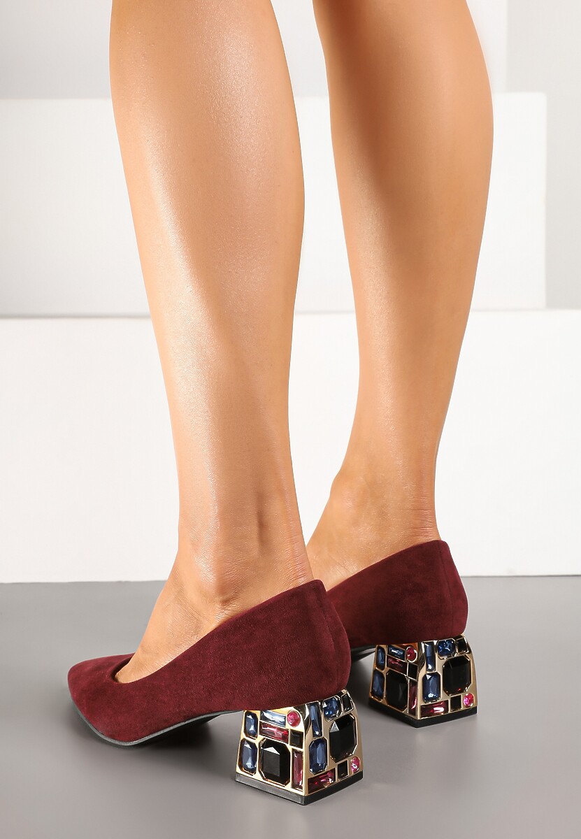 Bordowe Czółenka na Słupku Ozdobionym Cyrkoniami z Wkładką ze Skóry Clesina