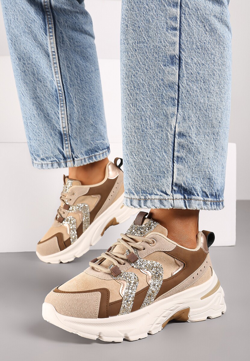Ciemnobeżowe Sznurowane Sneakersy na Platformie Ozdobione Brokatem Betira