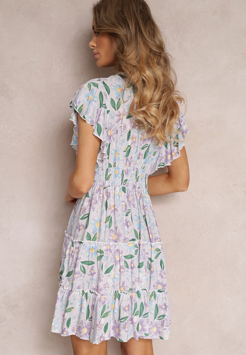 Jasnofioletowa Taliowana Sukienka z Wiskozy w Kwiaty Idotine