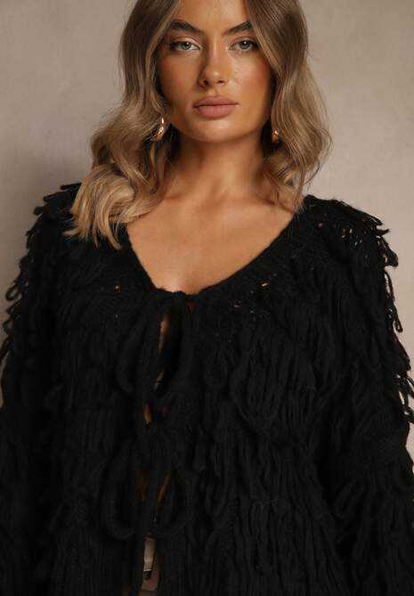 Czarny Kardigan z Wiązaniem i Frędzlami z Domieszką Wełny i Wiskozy Tiseana