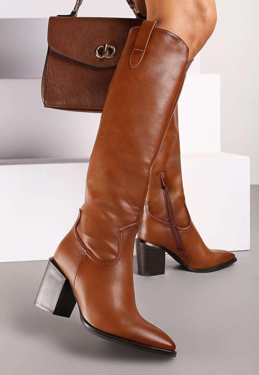 Czarne Kozaki na Słupku Ozdobione Metaliczną Wstawką Serivia