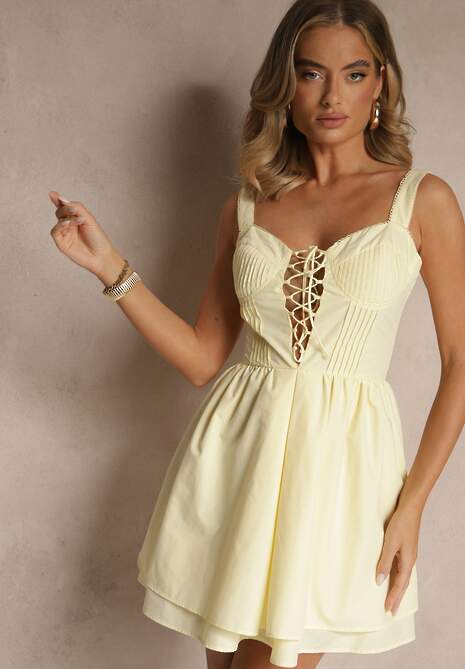 Żółta Rustykalna Sukienka Vices z Bawełny Zdobiona Wiązaniem Fenirelle