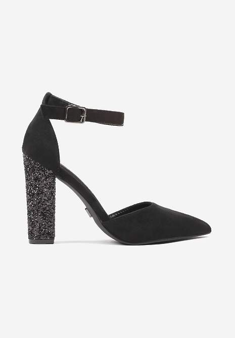 Czarne Czółenka Vices na Słupku z Brokatowym Obcasem i Paskiem Wokół Kostki Izalithea