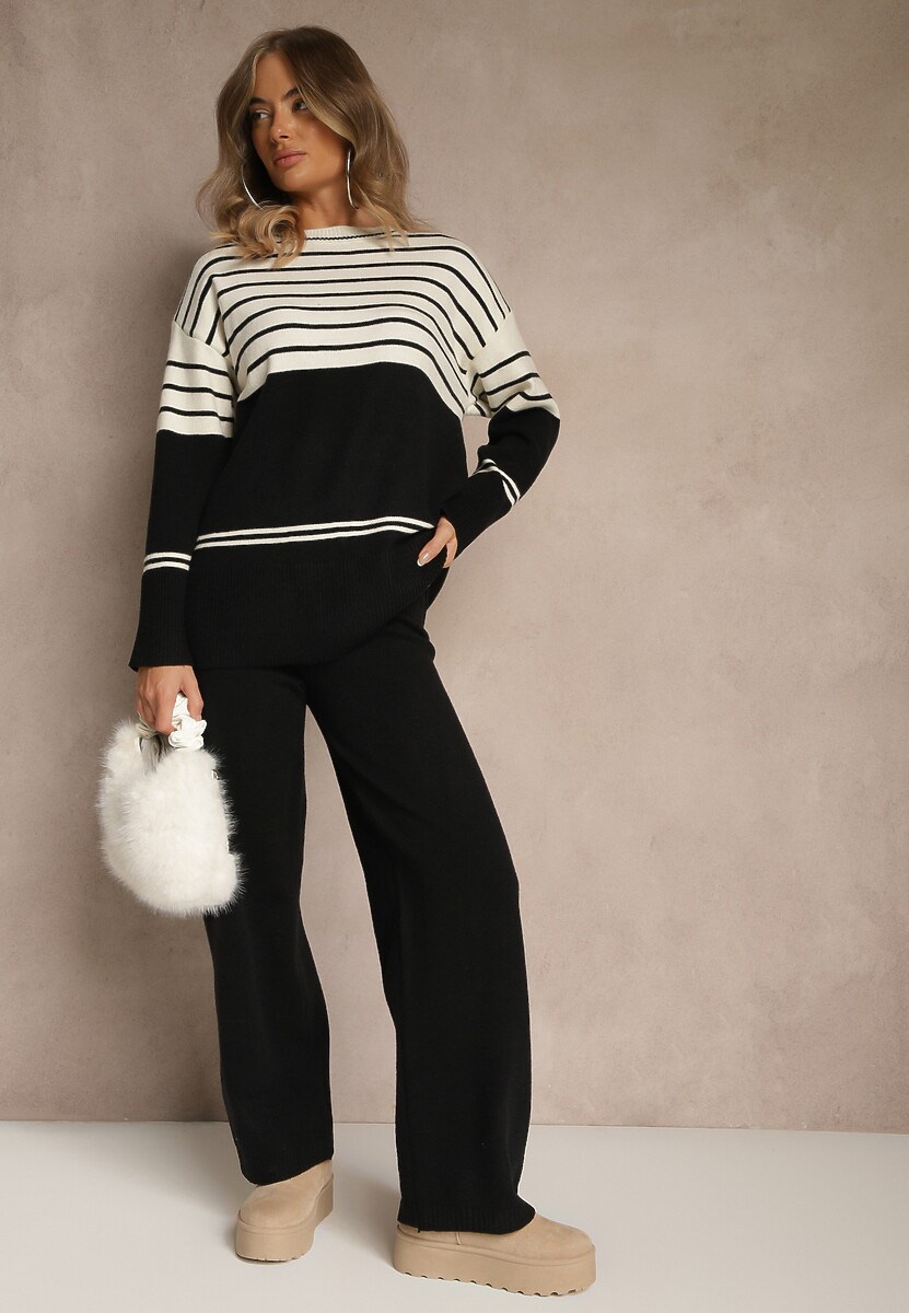 Czarny Komplet z Dzianiny z Wełną Pasiasty Sweter i Spodnie Ralleia