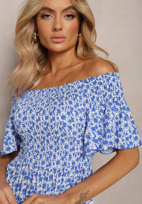 Niebieska Krótka Sukienka Letnia o Fasonie Hiszpanki z Wiskozy Liranna