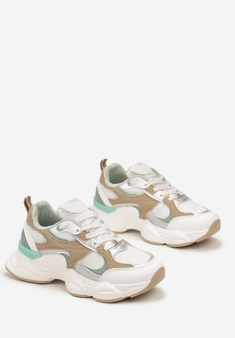 Biało-Beżowe Sneakersy ze Wstawkami Metalicznymi i Siateczką na Grubej Podeszwie Riliera
