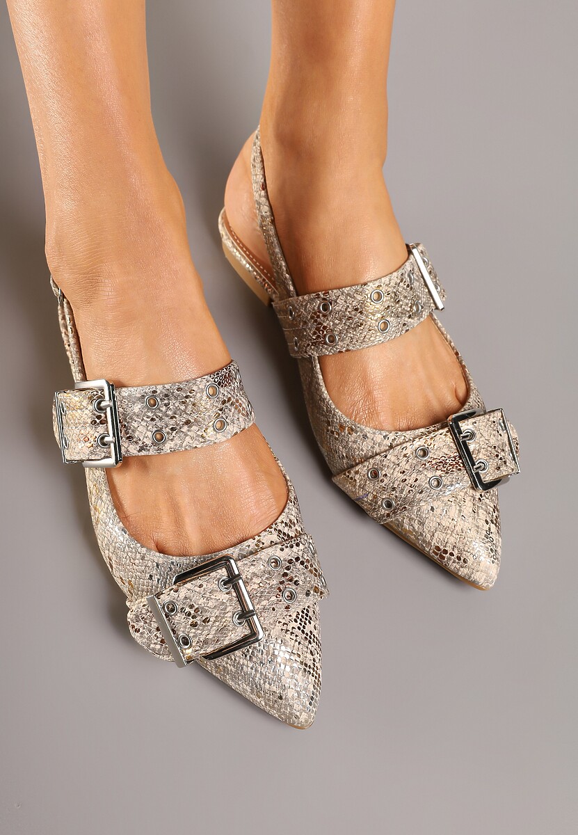 Złote Sandały Typu Slingback z Ozdobnymi Klamrami Tathelis