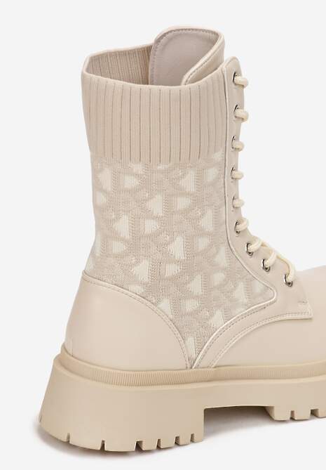 Beżowe Botki Workery z Elastyczną Cholewką Sznurowane Eideia