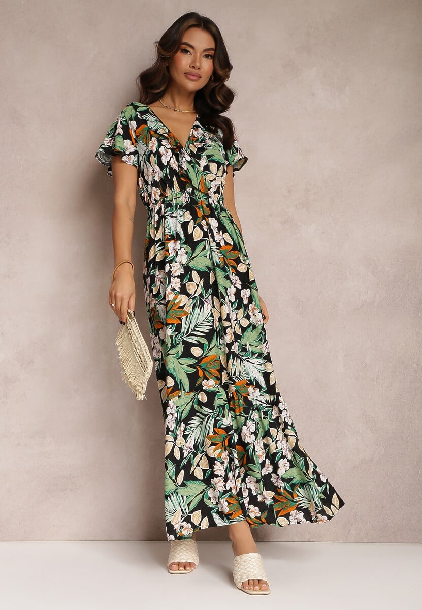 Zielono-Czarna Sukienka z Wiskozy Maxi w Kwiaty Mahiza