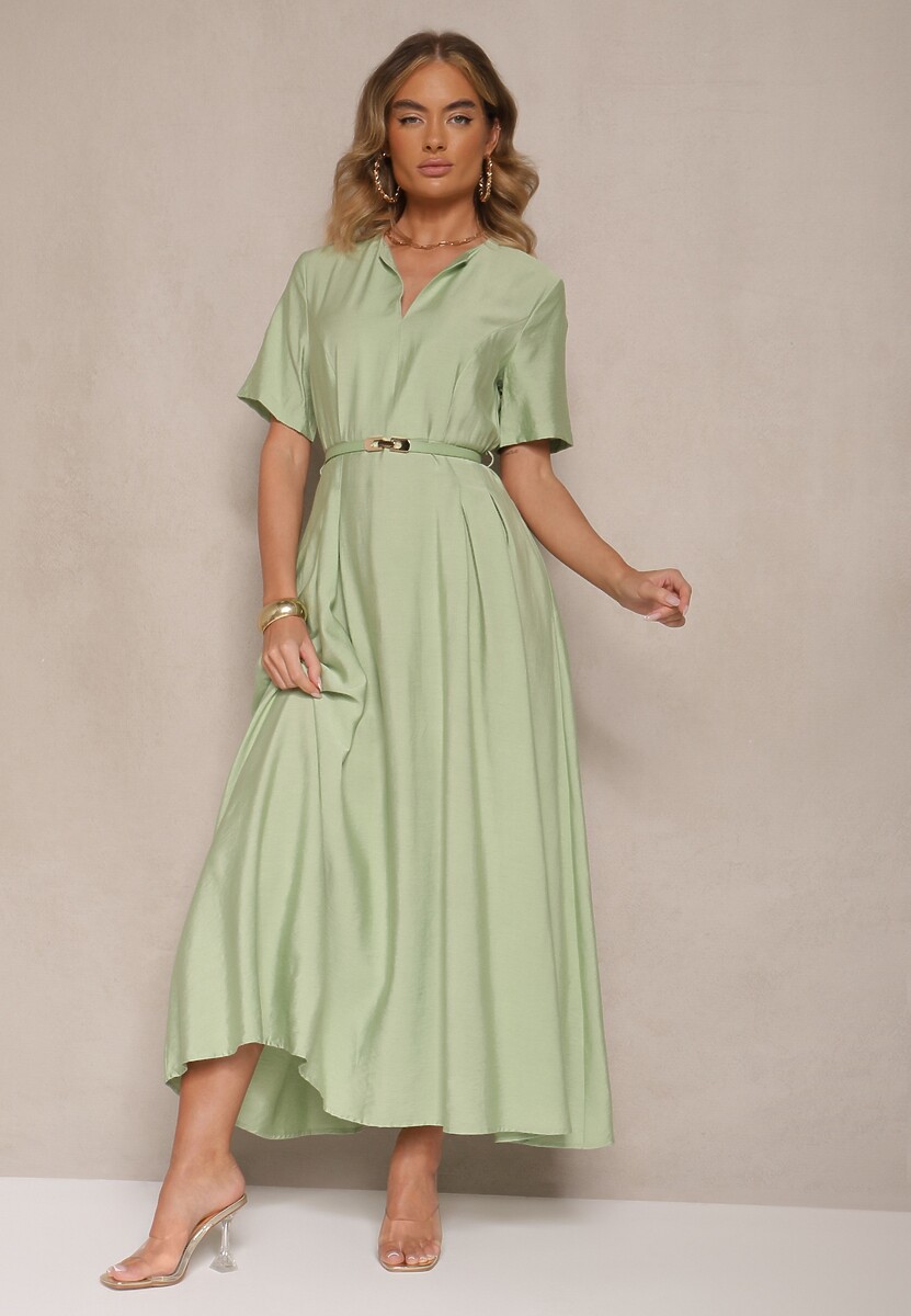 Zielona Rozkloszowana Sukienka z Lnu i Wiskozy z Paskiem ze Sprzączką Linoretia