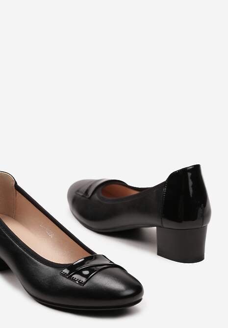 Czarne Wsuwane Czółenka z Ozdobną Wstawką na Nosku i Skórzaną Wkładką Flidais