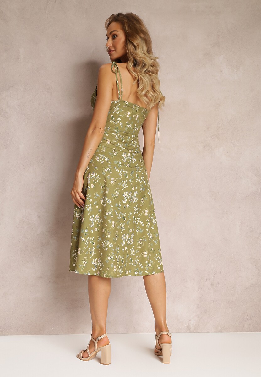 Zielona Rozkloszowana Sukienka Midi na Wiązanych Ramiączkach z Głębokim Dekoltem Ratama