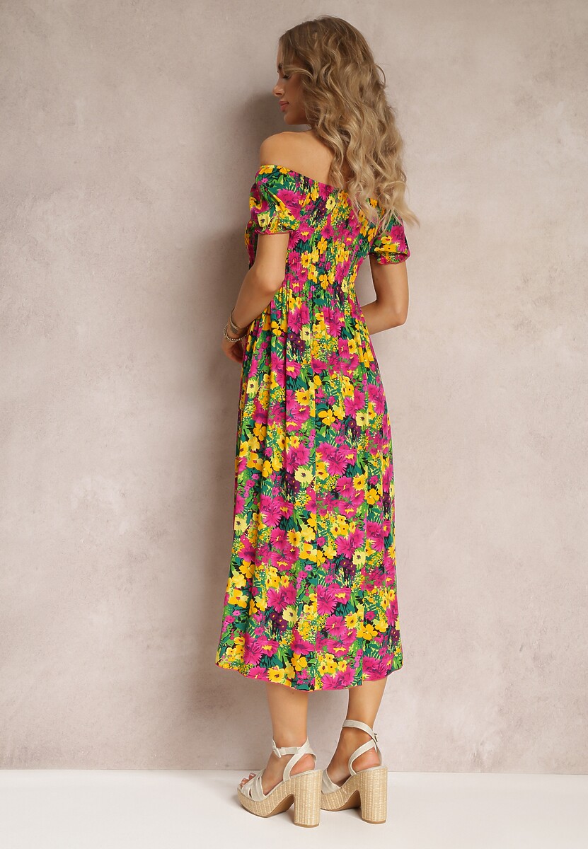 Fuksjowo-Żółta Wiskozowa Sukienka Midi O Fasonie Hiszpanki w Kwiatowy Print Ambersen
