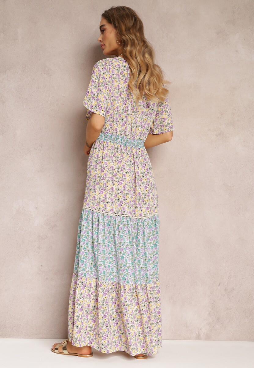 Fioletowo-Niebieska Kopertowa Sukienka Maxi z Marszczoną Gumką w Pasie i Koronkową Taśmą Marea