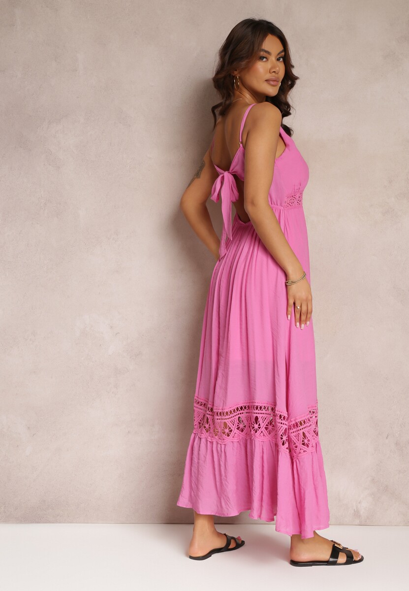 Fuksjowa Rozkloszowana Sukienka Maxi z Falbanką i Koronką Luluma