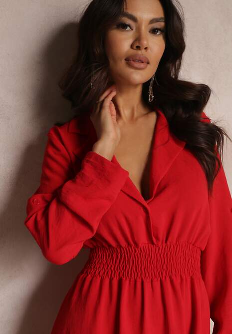 Czerwona Koszulowa Sukienka Midi z Gumką w Pasie Natelin