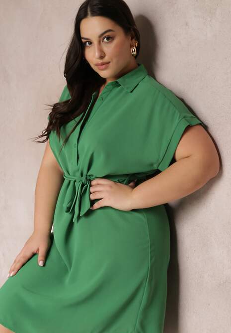 Zielona Sukienka Koszulowa Wiązana w Pasie z Krótkimi Rękawami Wellwood