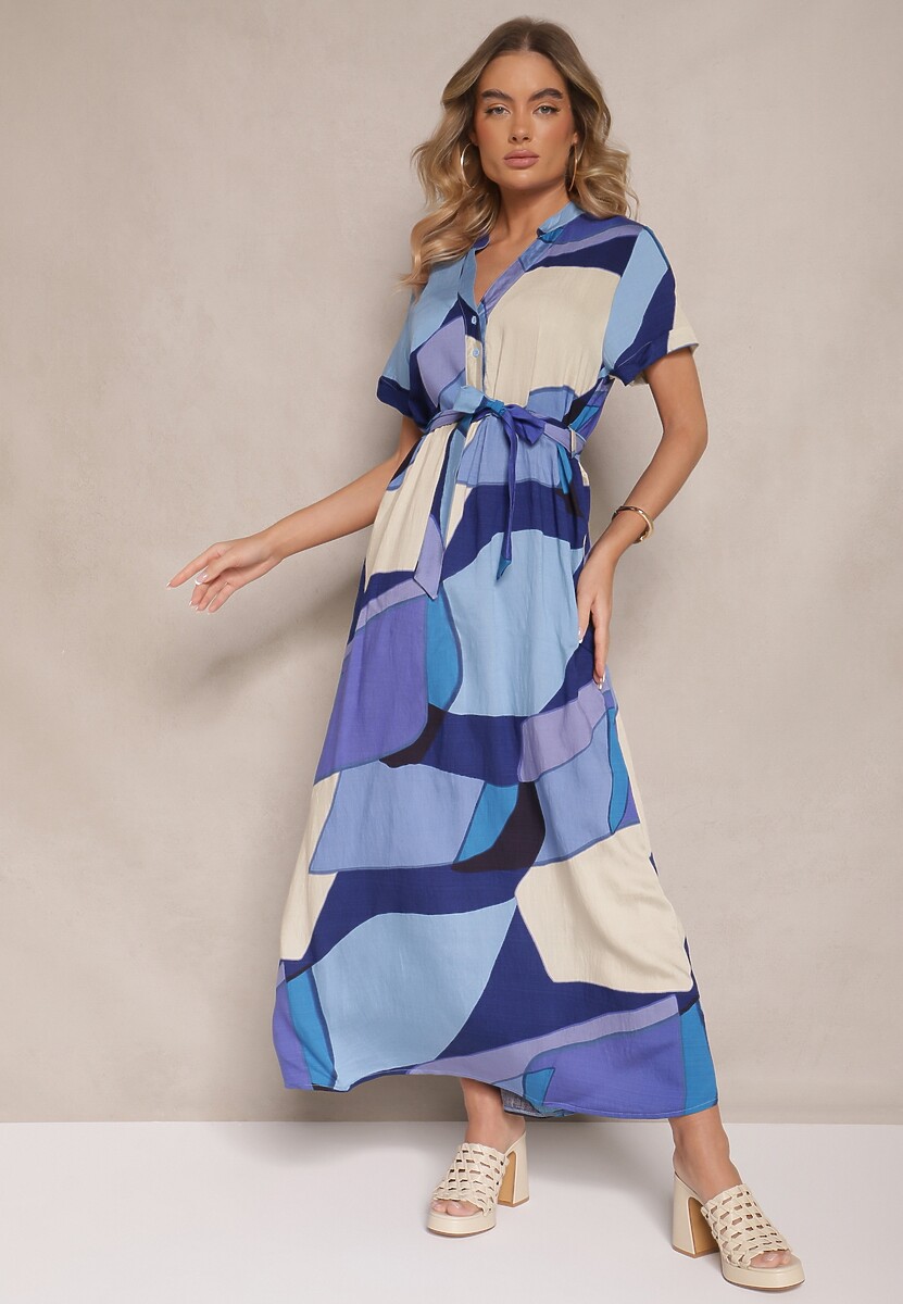 Niebieska Wiskozowa Sukienka Koszulowa z Paskiem w Geometryczny Print Falintia