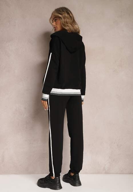Czarny Komplet Dresowy z Bawełny z Lampasami i Ściągaczami Senique