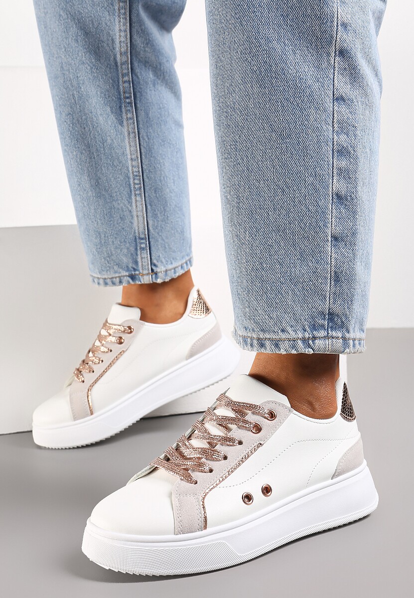 Biało-Złote Sneakersy z Metalicznymi Wstawkami na Grubej Podeszwie Amoone