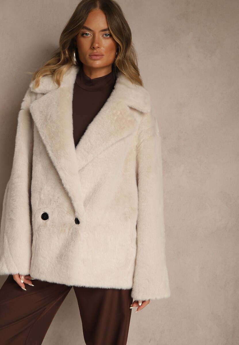 Brązowa Dwurzędowa Kurtka Futerko o Fasonie Oversize Manella