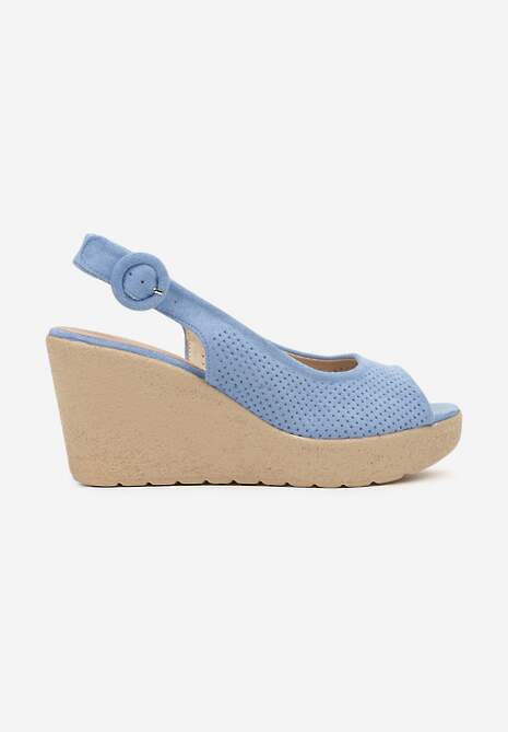 Niebieskie Sandały na Koturnie z Cholewką z Perforacją i Odkrytym Noskiem Aldonie