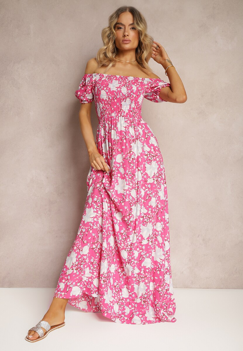 Różowa Kwiecista Sukienka o Rozkloszowanym Kroju z Marszczoną Górą Eliseria