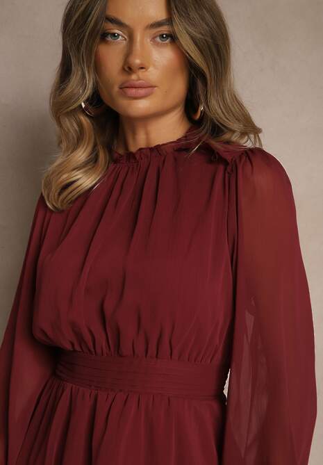 Bordowa Sukienka z Siateczki o Rozkloszowanym Kroju z Bufiastymi Rękawami Aziva