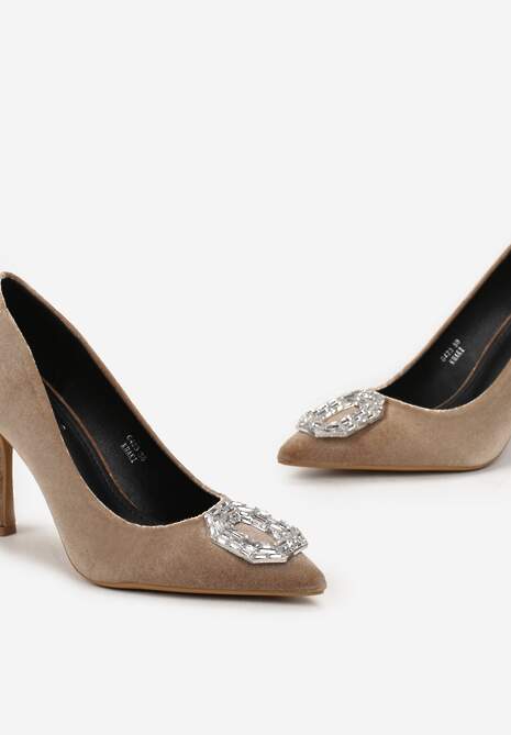 Ciemnobeżowe Błyszczące Szpilki Ozdobione Cyrkoniami Morens