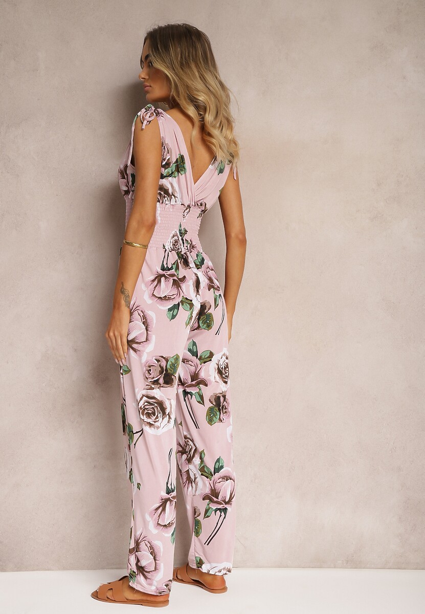 Jasnoróżowy Kombinezon o Taliowanym Kroju Bez Rękawów w Kwiaty Senivia