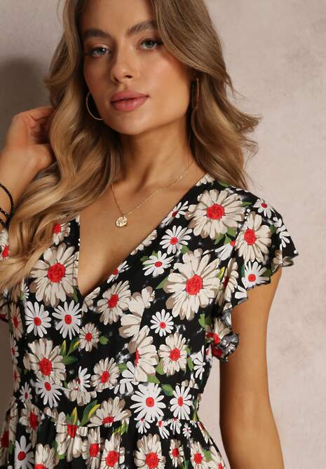 Czarna Taliowana Sukienka Mini w Kwiaty z Gumką w Talii Teziovi