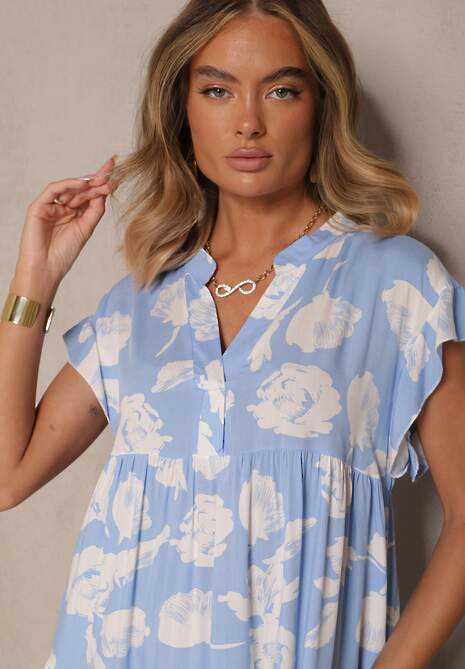 Jasnoniebieska Sukienka z Bawełny Ozdobiona Kwiatami Liranea