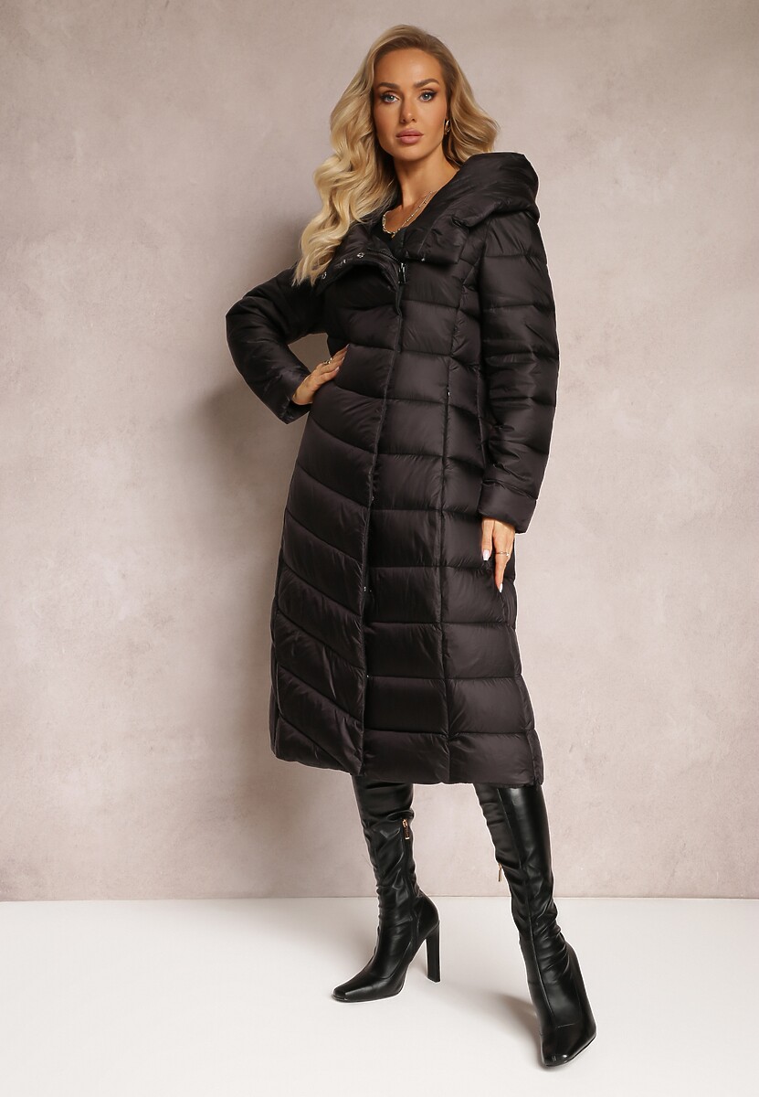 Szara Długa Kurtka Płaszcz z Pikowaniem i Kapturem Tittonna