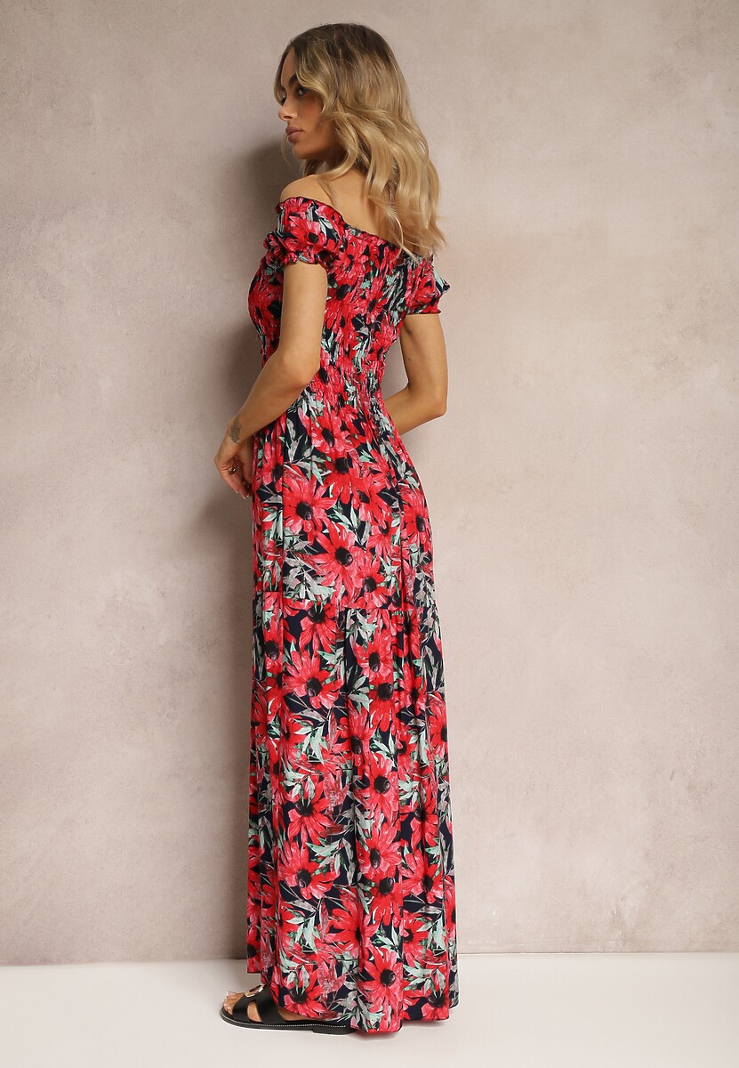 Granatowo-Czerwona Rozkloszowana Sukienka Hiszpanka z Wiskozy w Kwiatowy Wzór Viseria