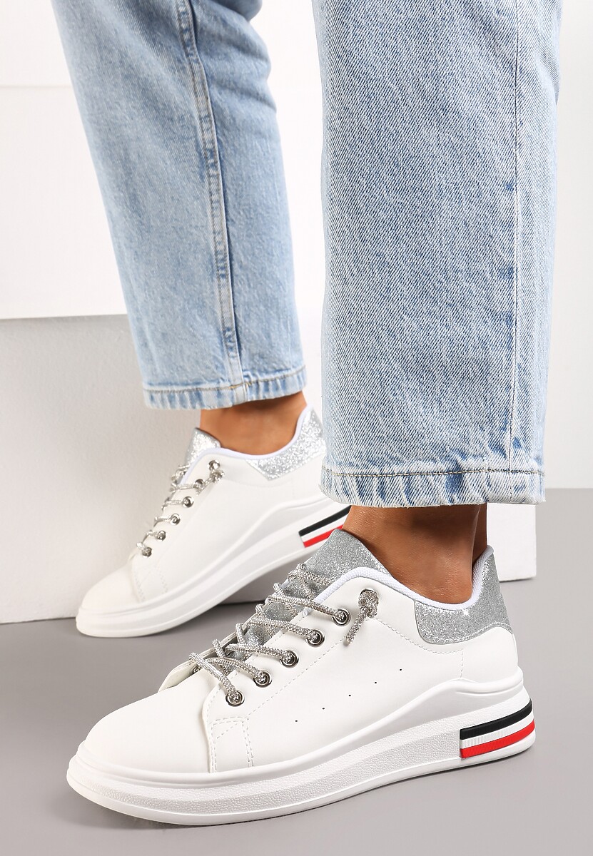 Biało-Srebrne Sneakersy Ozdobione Brokatem z Cyrkoniami na Sznurowadłach Nilena