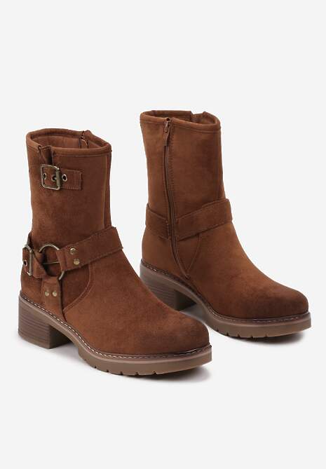 Brązowe Botki Biker na Słupku ze Sprzączkami i Drobnymi Nitami Iveluna