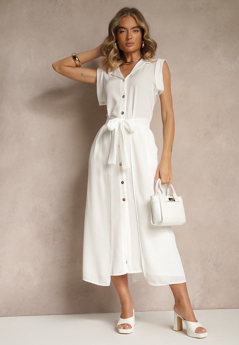 Biała Sukienka z Paskiem Koszulowa o Rozkloszowanym Fasonie Mavoselle