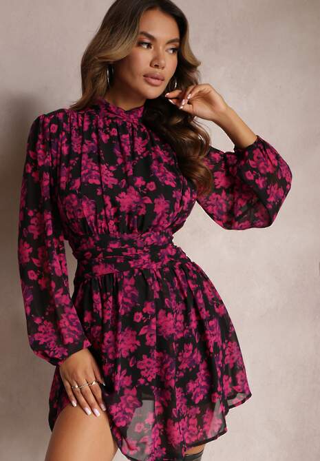 Różowa Rozkloszowana Sukienka w Kwiaty z Gumką w Pasie Jonerda