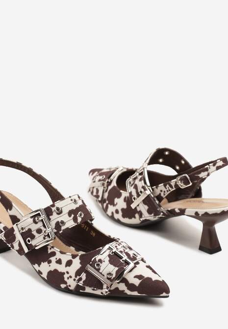 Brązowe Sandały Slingback na Kaczuszce Zdobione Nitami i Klamrami Leaelia