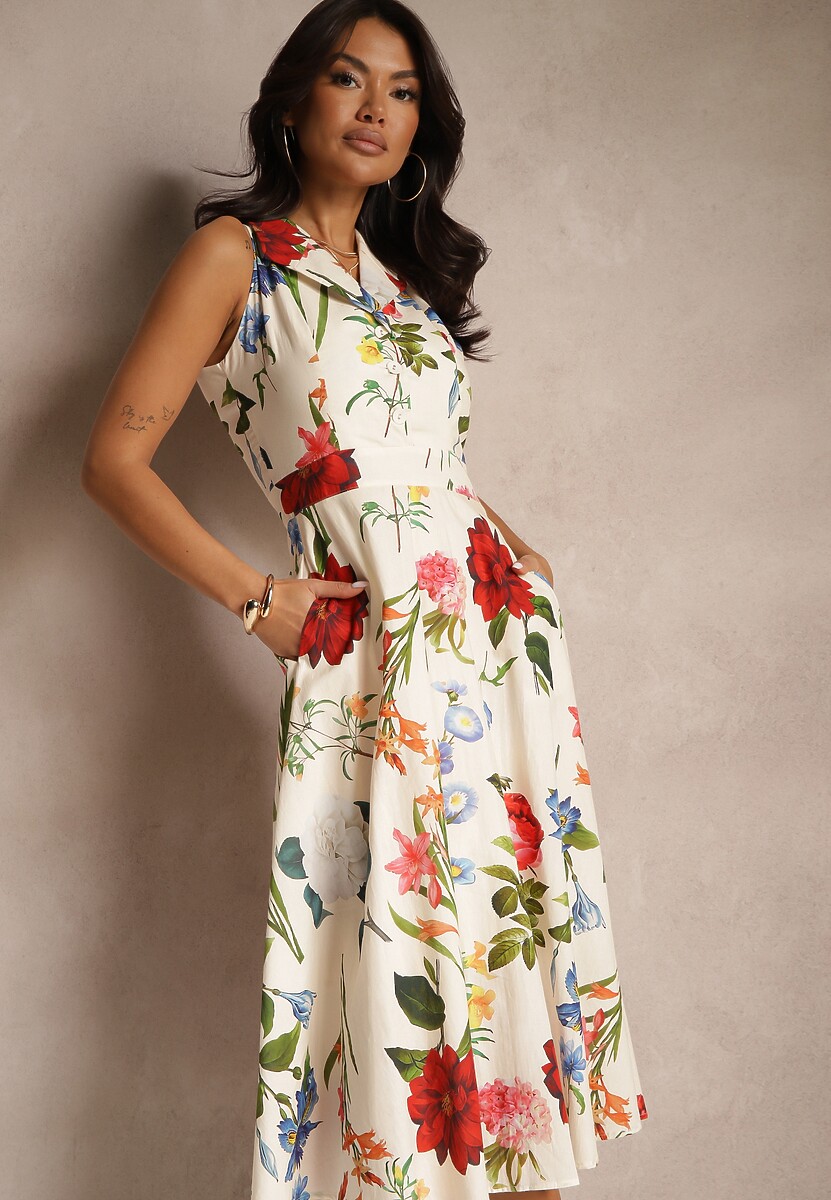 Beżowa Bawełniana Sukienka w Kwiaty Rozkloszowana z Kołnierzykiem Ilaniven